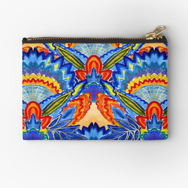 Hand-Painted Abstract Botanical Pattern Brilliant Blue Orange Zipper Pouch