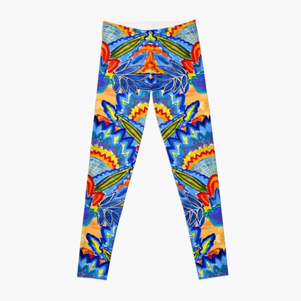 Hand-Painted Abstract Botanical Pattern Brilliant Blue Orange Leggings
