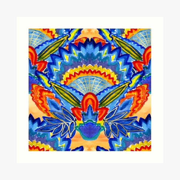 Hand-Painted Abstract Botanical Pattern Brilliant Blue Orange Art Print