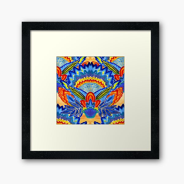 Hand-Painted Abstract Botanical Pattern Brilliant Blue Orange Framed Art Print