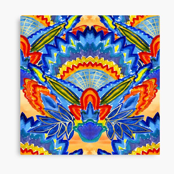Hand-Painted Abstract Botanical Pattern Brilliant Blue Orange Canvas Print
