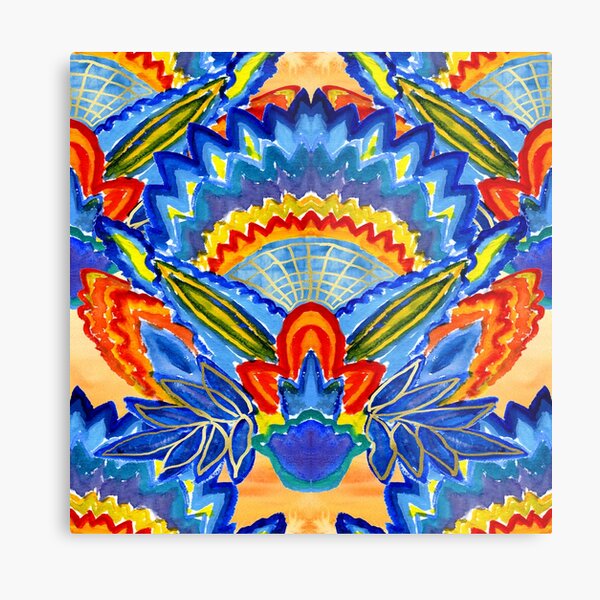 Hand-Painted Abstract Botanical Pattern Brilliant Blue Orange Metal Print