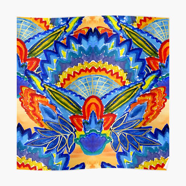 Hand-Painted Abstract Botanical Pattern Brilliant Blue Orange Poster