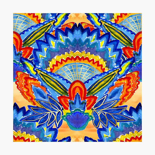 Hand-Painted Abstract Botanical Pattern Brilliant Blue Orange Photographic Print