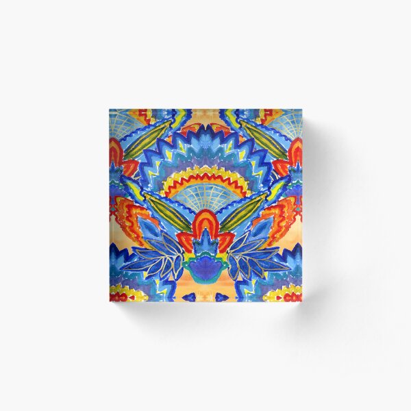 Hand-Painted Abstract Botanical Pattern Brilliant Blue Orange Acrylic Block