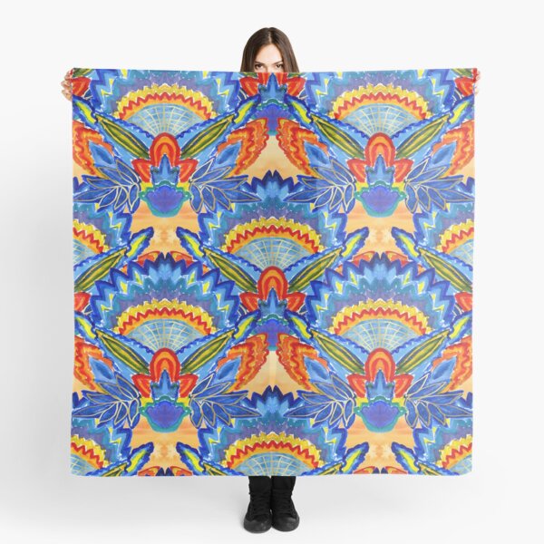 Hand-Painted Abstract Botanical Pattern Brilliant Blue Orange Scarf