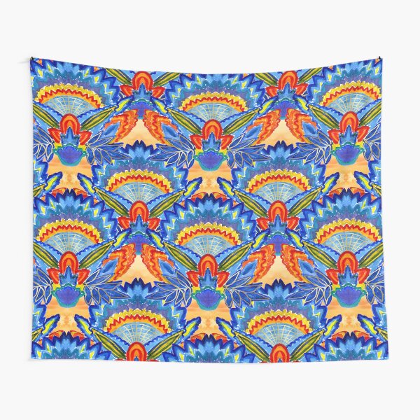 Hand-Painted Abstract Botanical Pattern Brilliant Blue Orange Tapestry