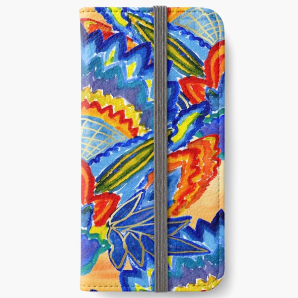 Hand-Painted Abstract Botanical Pattern Brilliant Blue Orange iPhone Wallet