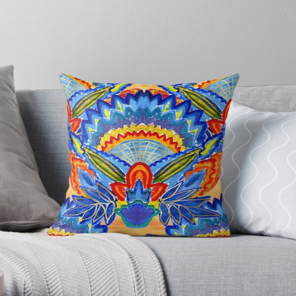 Hand-Painted Abstract Botanical Pattern Brilliant Blue Orange Throw Pillow