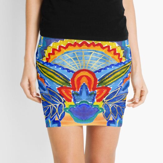 Hand-Painted Abstract Botanical Pattern Brilliant Blue Orange Mini Skirt