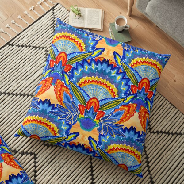 Hand-Painted Abstract Botanical Pattern Brilliant Blue Orange Floor Pillow