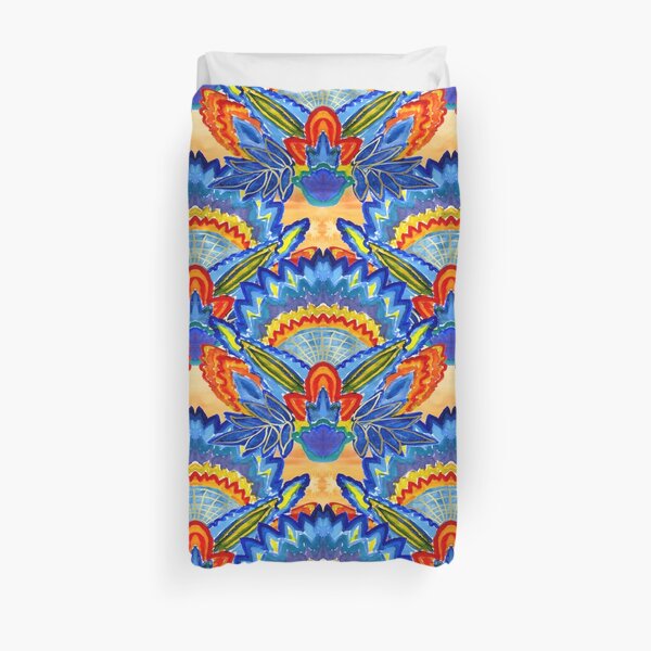 Hand-Painted Abstract Botanical Pattern Brilliant Blue Orange Duvet Cover