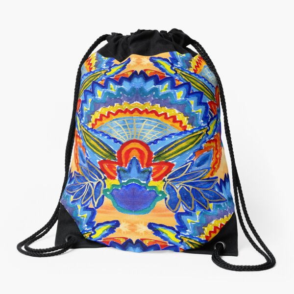 Hand-Painted Abstract Botanical Pattern Brilliant Blue Orange Drawstring Bag