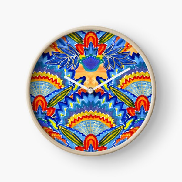 Hand-Painted Abstract Botanical Pattern Brilliant Blue Orange Clock