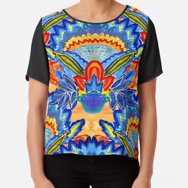 Hand-Painted Abstract Botanical Pattern Brilliant Blue Orange Chiffon Top