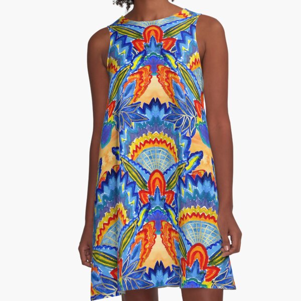 Hand-Painted Abstract Botanical Pattern Brilliant Blue Orange A-Line Dress