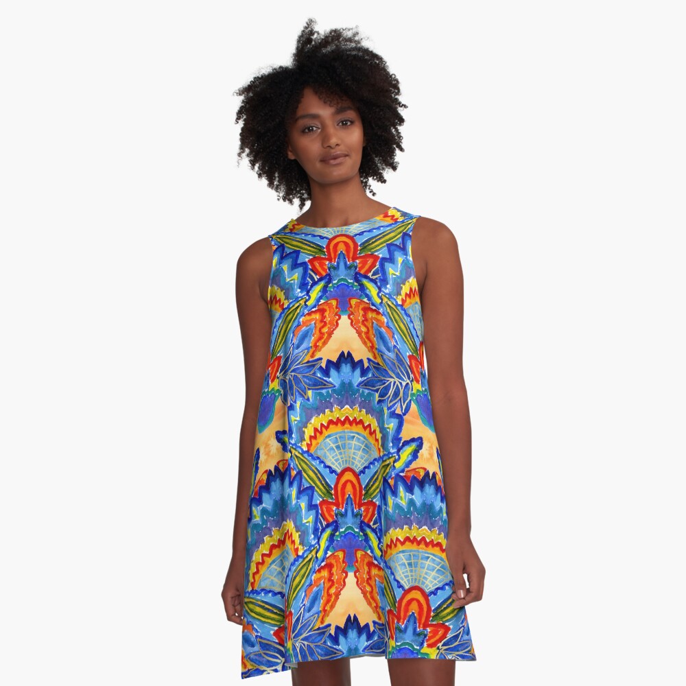 Hand-Painted Abstract Botanical Pattern Brilliant Blue Orange A-Line Dress