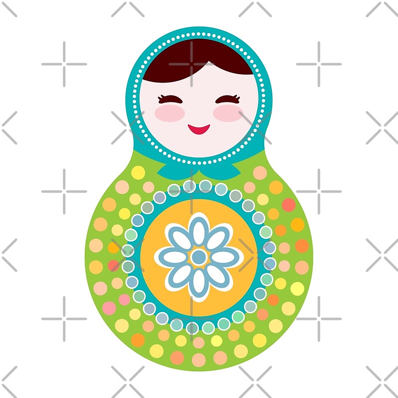 “Russian doll matryoshka on white background, green and blue colors” by