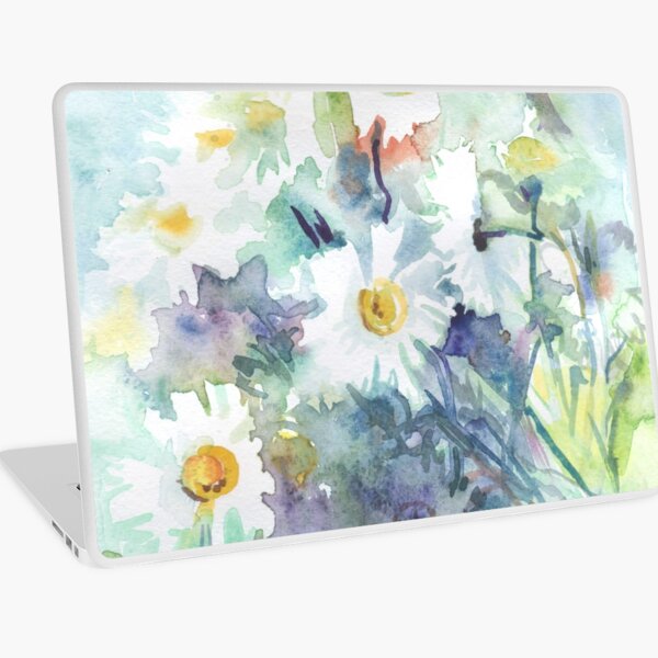 Watercolour daisies watercolor drawing - white daisies on a blue and green background, beautiful bouquet, painting Laptop Skin