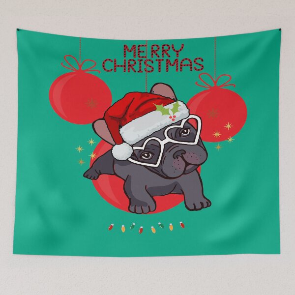 Item preview, Merry Woofmas, Illustration of a French Bulldog with a cute Christmas hat, surrounded by cute red Christmas ornaments. designed and sold by Malogue.