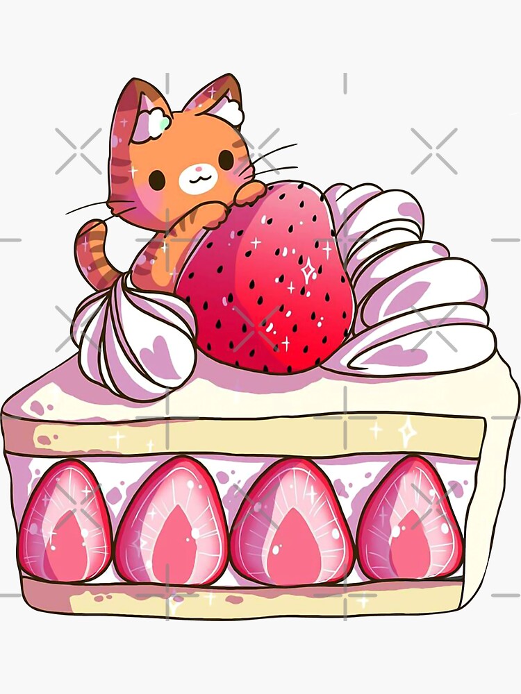 Kawaii Cat Eating a Slice of Strawberry Cake  Sticker for Sale by  Sereneluna