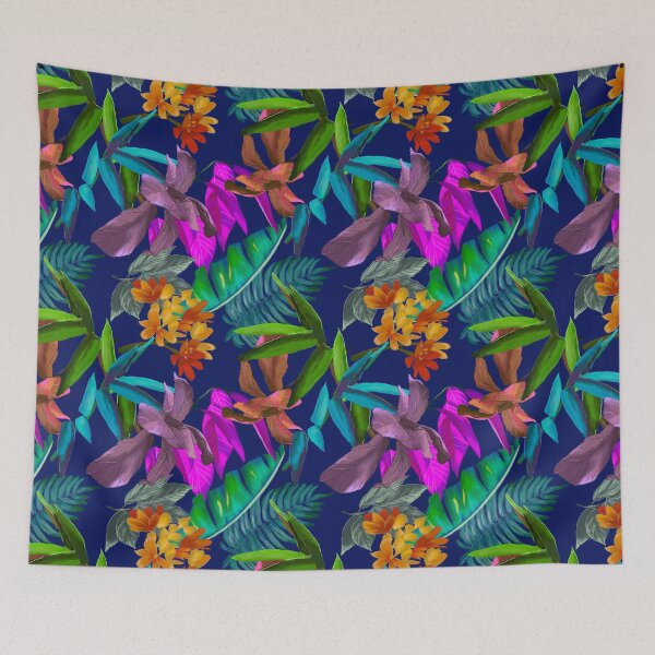 Item preview, Exotic tropical colorful foliage, leaves and flowers tropical pattern, botanical illustration, blue floral illustration   designed and sold by ZeinabTaha.