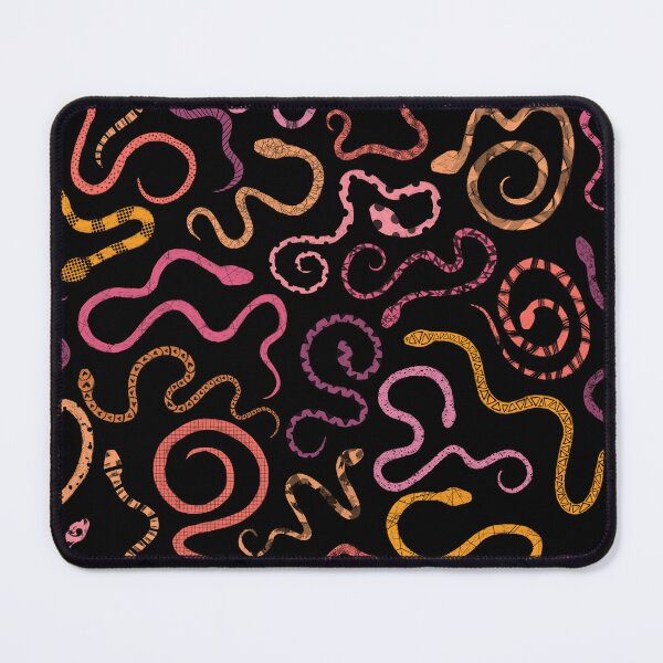 Item preview, pink coral and orange patterned snakes on black. designed and sold by saint-shores.