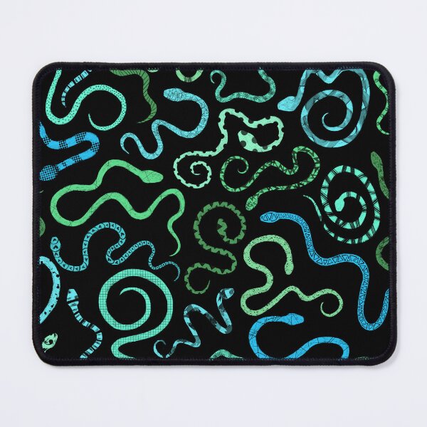 Item preview, green and blue patterned snakes on black. designed and sold by saint-shores.
