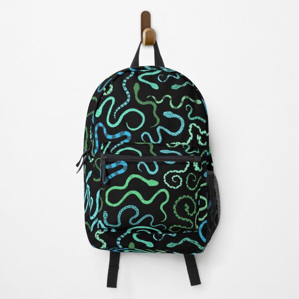 Item preview, green and blue patterned snakes on black. designed and sold by saint-shores.