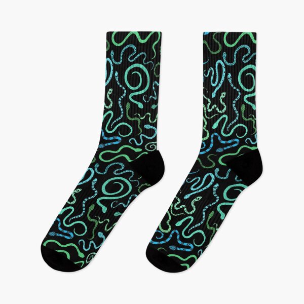 Item preview, green and blue patterned snakes on black.  designed and sold by saint-shores.