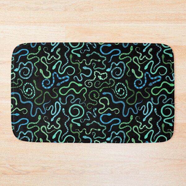 Item preview, green and blue patterned snakes on black. designed and sold by saint-shores.