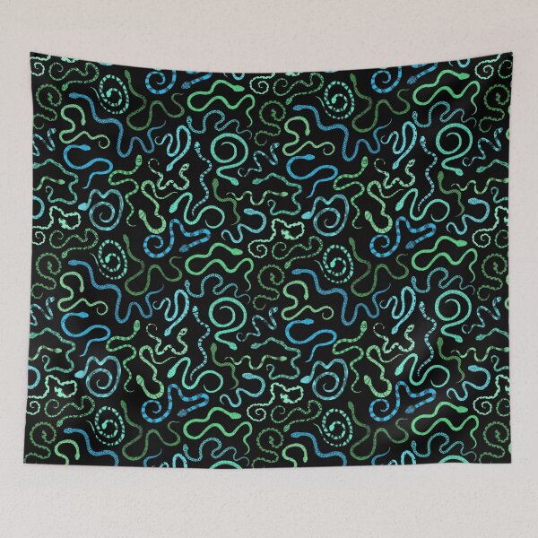Item preview, green and blue patterned snakes on black. designed and sold by saint-shores.