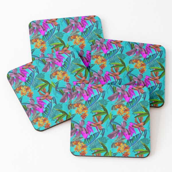 Item preview, Exotic tropical colorful foliage, leaves and flowers tropical pattern, botanical illustration, blue turquoise floral illustration   designed and sold by ZeinabTaha.