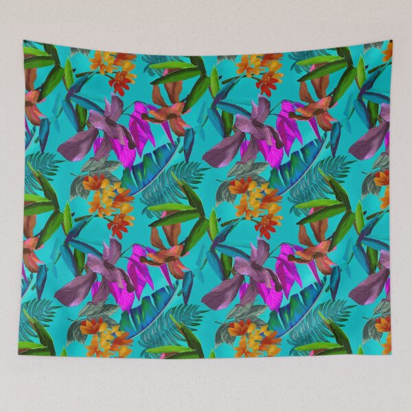 Item preview, Exotic tropical colorful foliage, leaves and flowers tropical pattern, botanical illustration, blue turquoise floral illustration   designed and sold by ZeinabTaha.