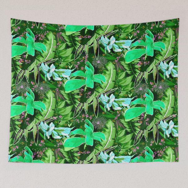 Item preview, tropical heaven trendy exotic floral pattern, leaves and flowers tropical pattern, botanical illustration, green black floral illustration   designed and sold by ZeinabTaha.