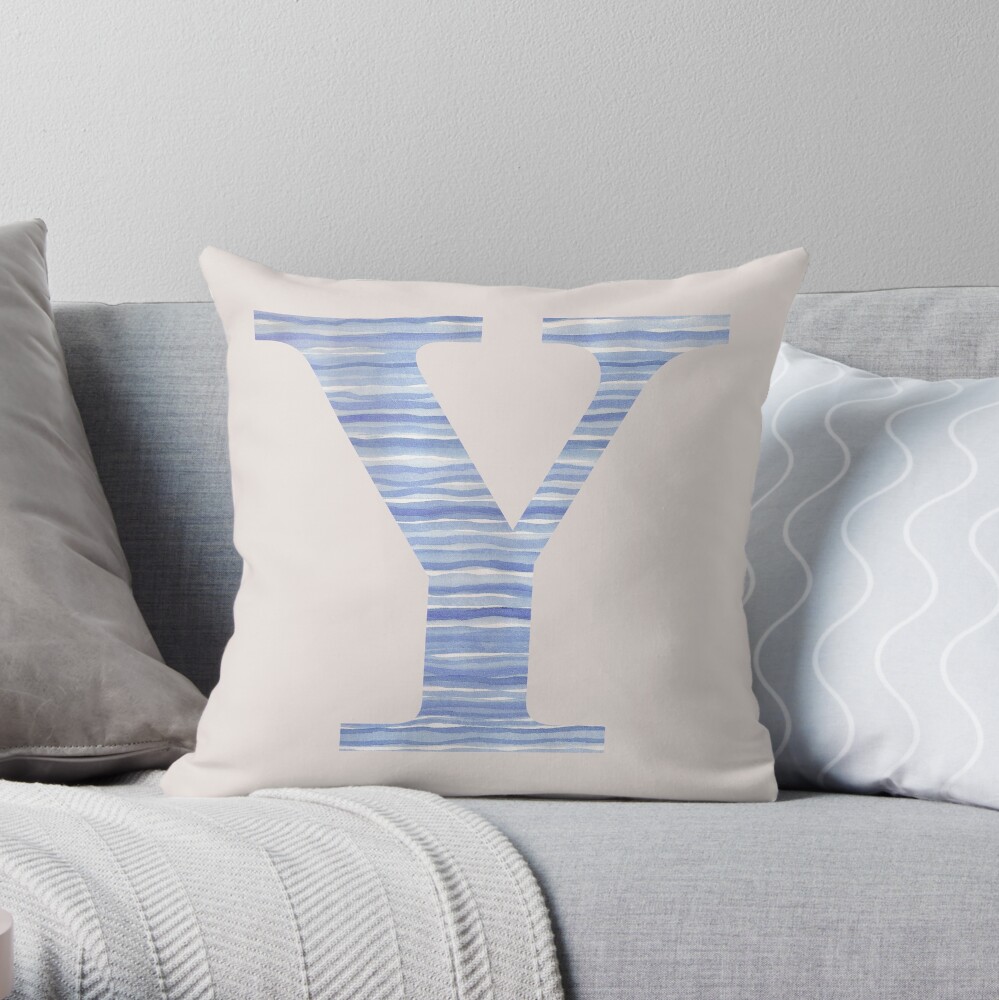 Letter Y Blue Watercolor Stripes Monogram Initial Throw Pillow