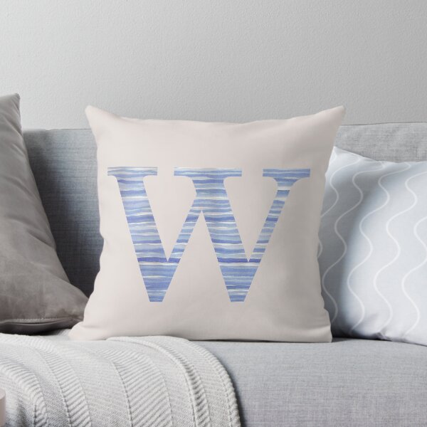 Letter W Blue Watercolor Stripes Monogram Initial Throw Pillow