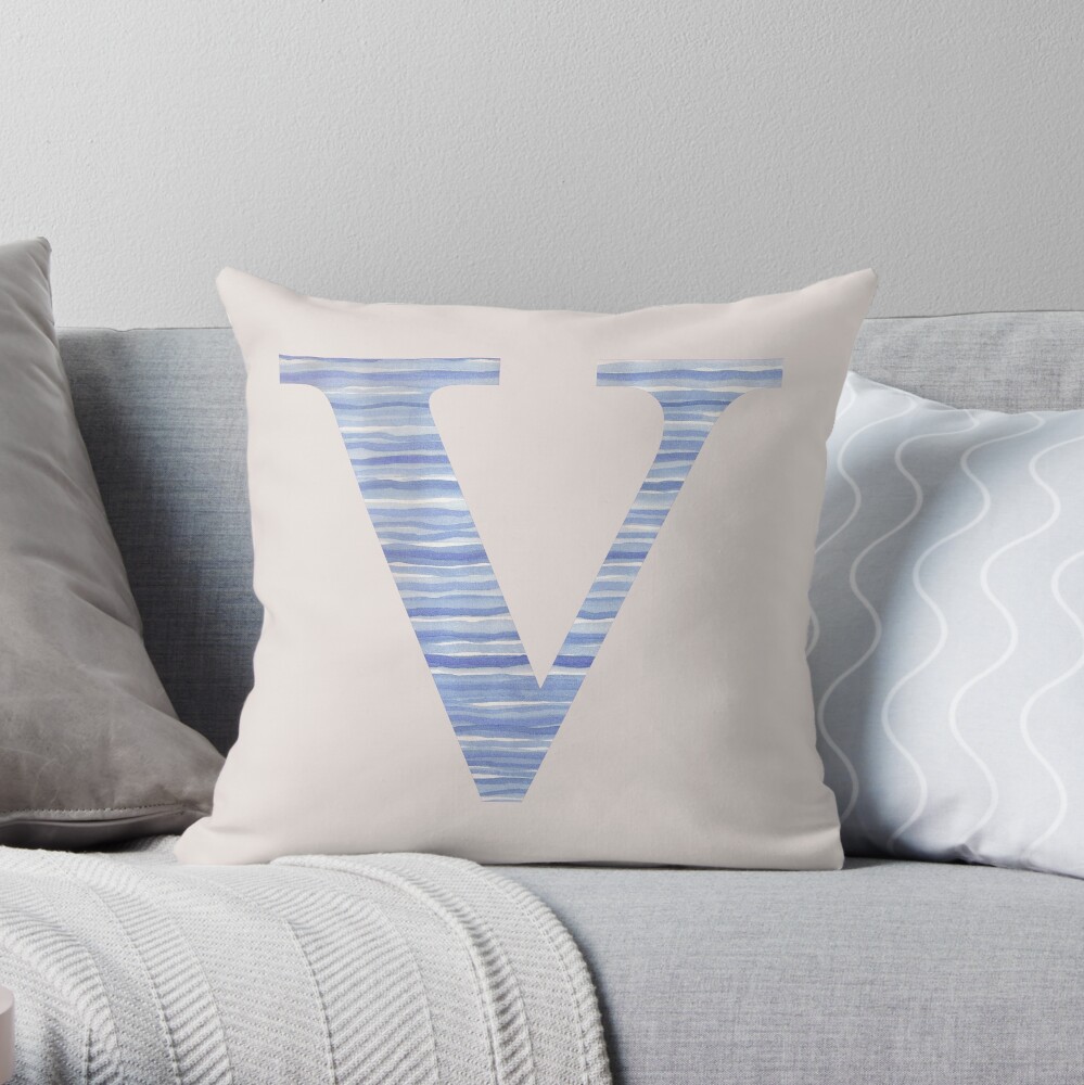 Letter V Blue Watercolor Stripes Monogram Initial Throw Pillow