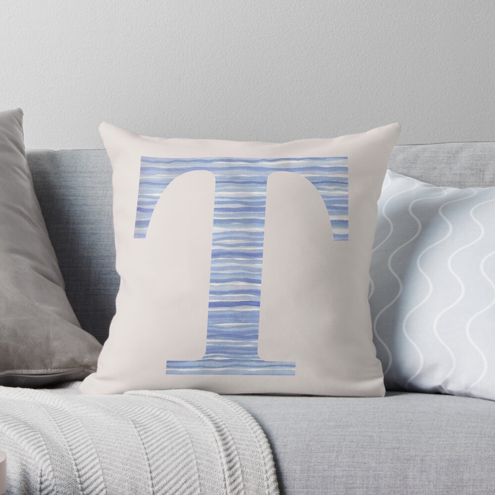 Letter T Blue Watercolor Stripes Monogram Initial Throw Pillow