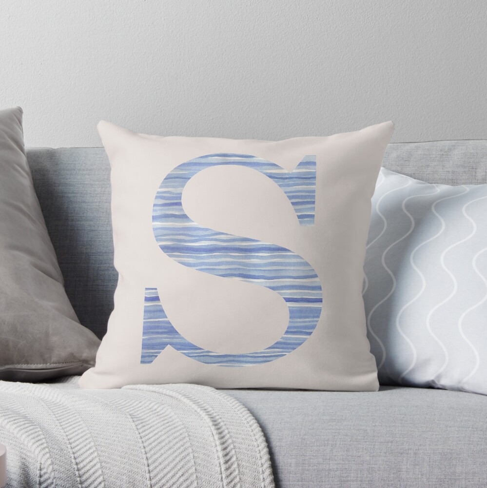 Letter S Blue Watercolor Stripes Monogram Initial Throw Pillow