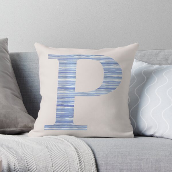 Letter P Blue Watercolor Stripes Monogram Initial Throw Pillow