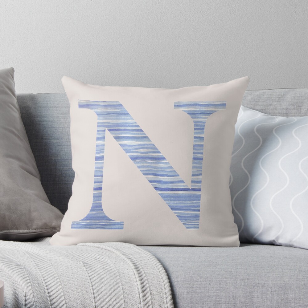 Letter N Blue Watercolor Stripes Monogram Initial Throw Pillow