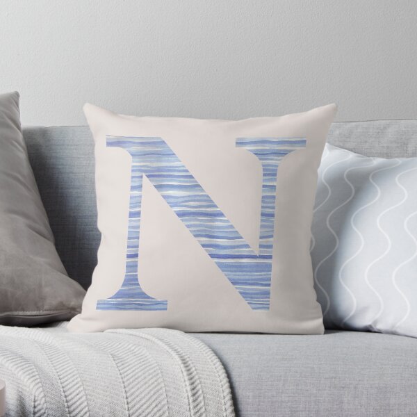 Letter N Blue Watercolor Stripes Monogram Initial Throw Pillow