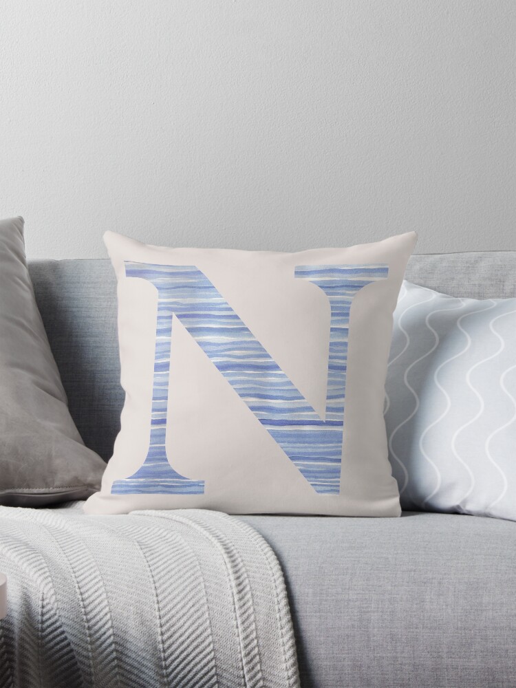 Thumbnail 1 of 4, Pillow, Letter N Blue Watercolor Stripes Monogram Initial designed and sold by theartofvikki.