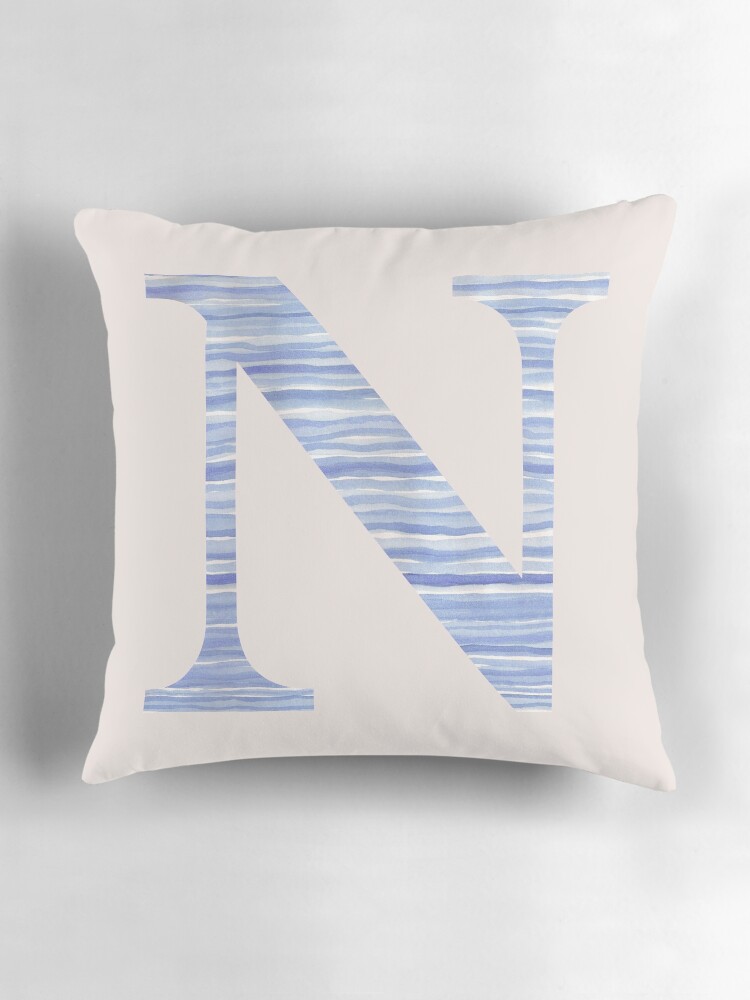 Thumbnail 3 of 4, Pillow, Letter N Blue Watercolor Stripes Monogram Initial designed and sold by theartofvikki.