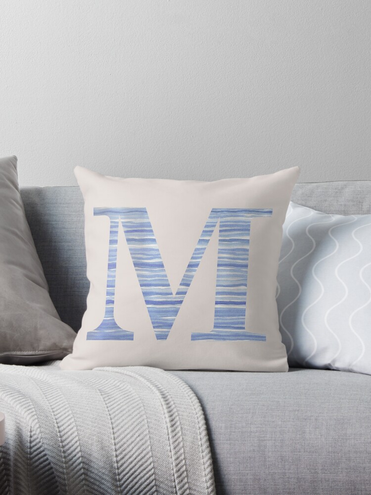 Thumbnail 1 of 3, Throw Pillow, Letter M Blue Watercolor Stripes Monogram Initial designed and sold by theartofvikki.