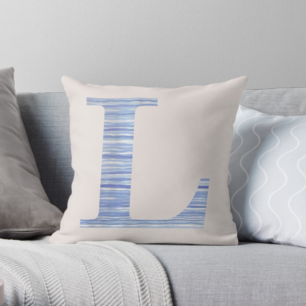 Letter L Blue Watercolor Stripes Monogram Initial Throw Pillow