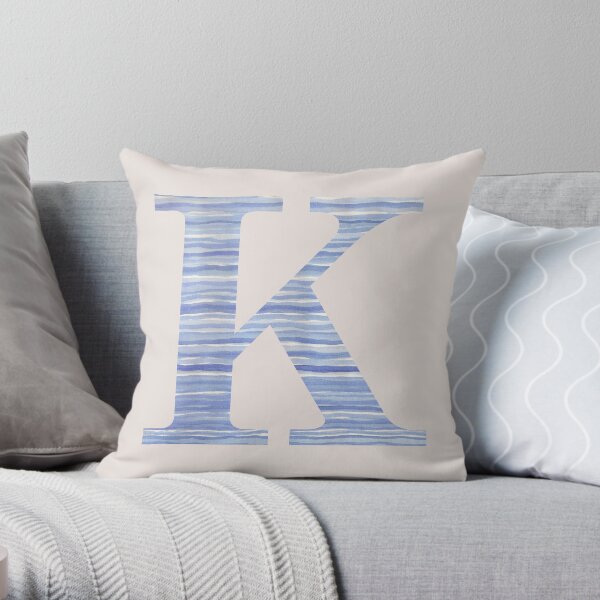 Letter K Blue Watercolor Stripes Monogram Initial Throw Pillow