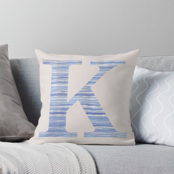 Letter K Blue Watercolor Stripes Monogram Initial Throw Pillow