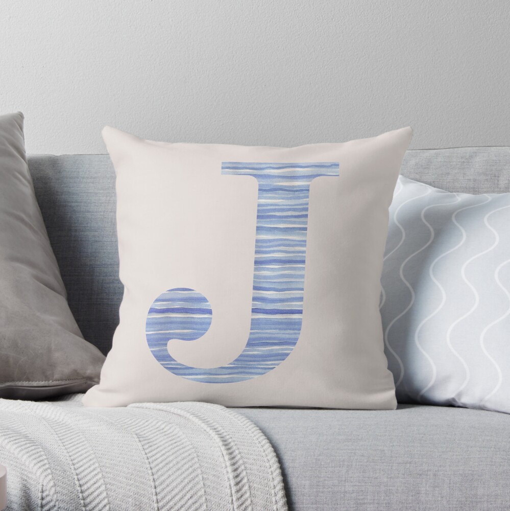 Letter J Blue Watercolor Stripes Monogram Initial Throw Pillow